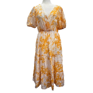 Adrienne Vittadini Yellow & White Floral Gauzy Tiered Ruffle Skirt Dress